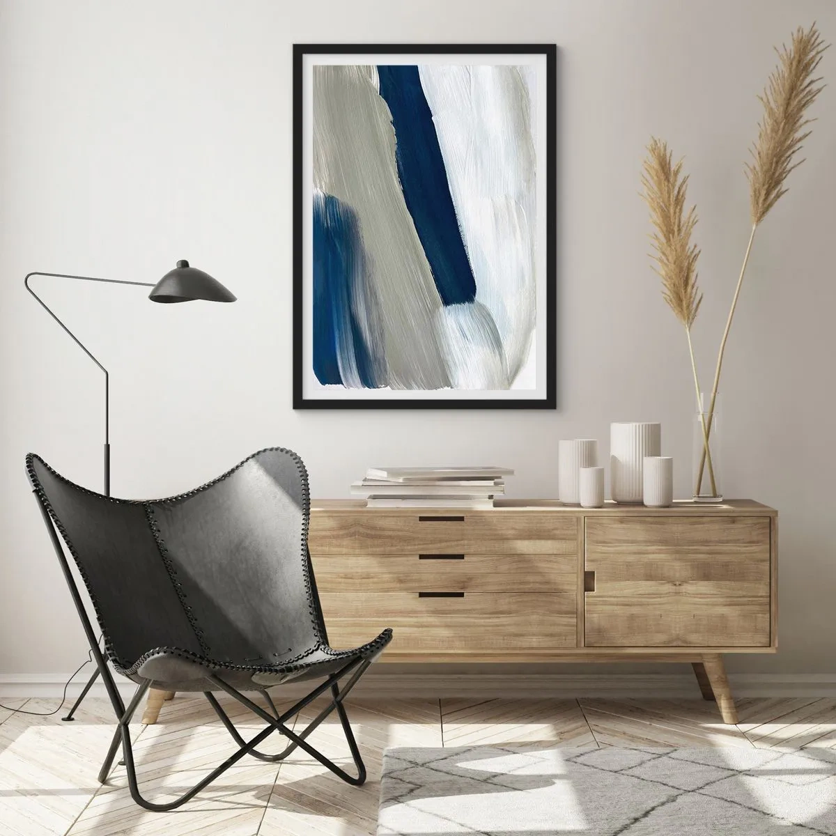 Affiche dans un cadre noir - Poster - Coups de pinceau abstraits dans des tons bleu marine - 50x70cm - Rencontre avec la blancheur - Décoration murale moderne pour le salon et la chambre ARTTOR