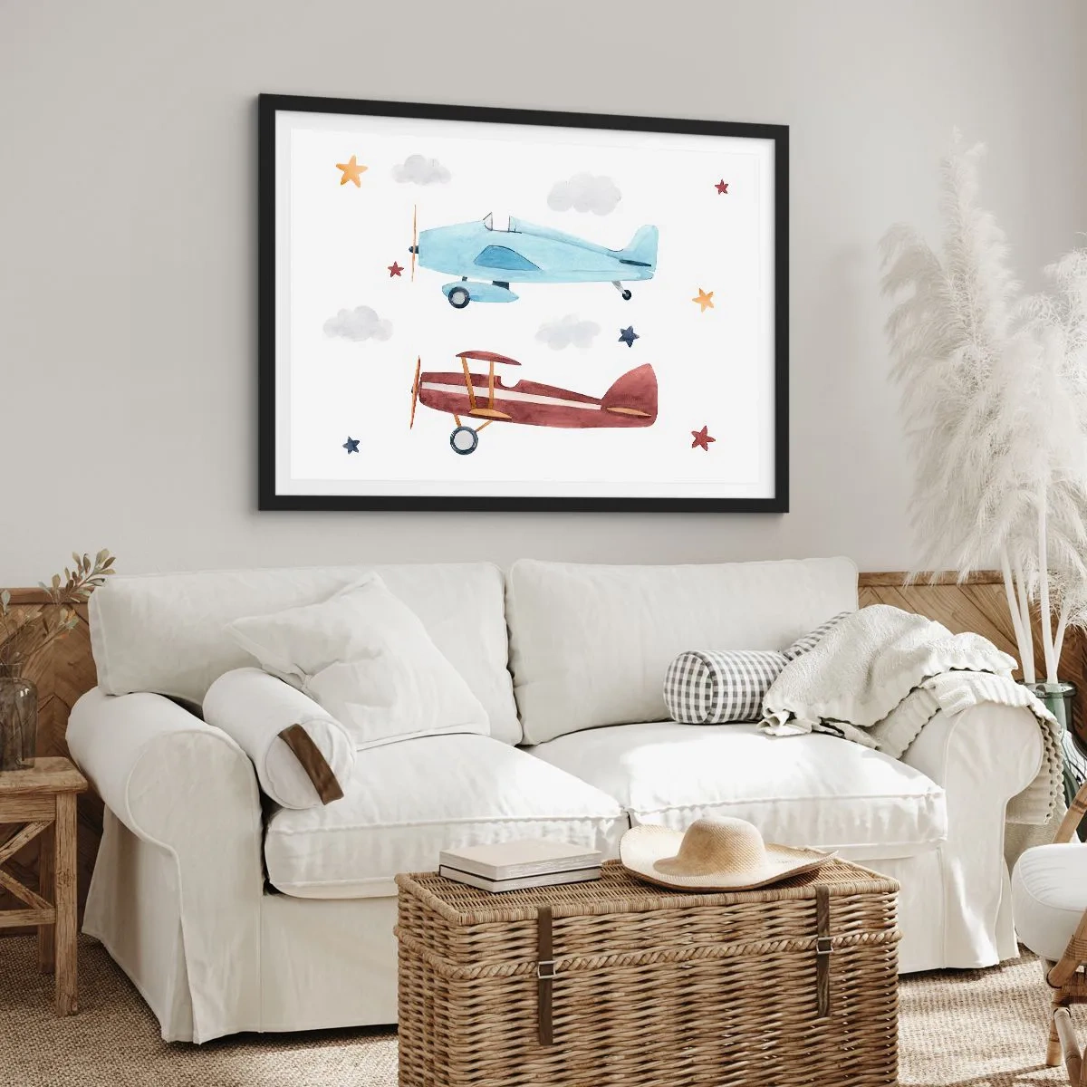 Affiche dans un cadre noir - Poster - Avions peints à la main sur fond de nuages et d'étoiles - 100x70cm - Monsieur le pilote, nous vous attendons ! - Décoration murale moderne pour le salon et la chambre ARTTOR