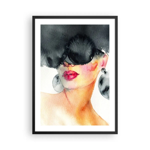Affiche dans un cadre noir - Poster - Portrait à l'aquarelle d'une femme portant de grandes boucles d'oreilles et un masque noir. - 50x70cm - Secret de l'élégance - Décoration murale moderne pour le salon et la chambre ARTTOR