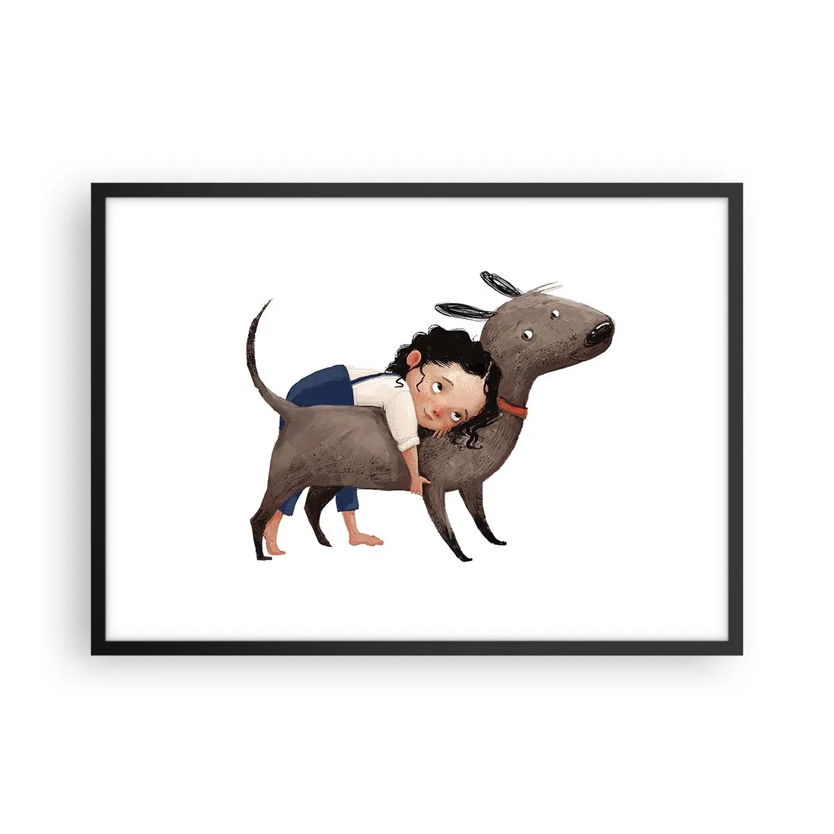 Affiche dans un cadre noir - Poster - Illustration de style dessin animé d'un enfant serrant un chien dans ses bras - 70x50cm - Les meilleurs amis - Décoration murale moderne pour le salon et la chambre ARTTOR