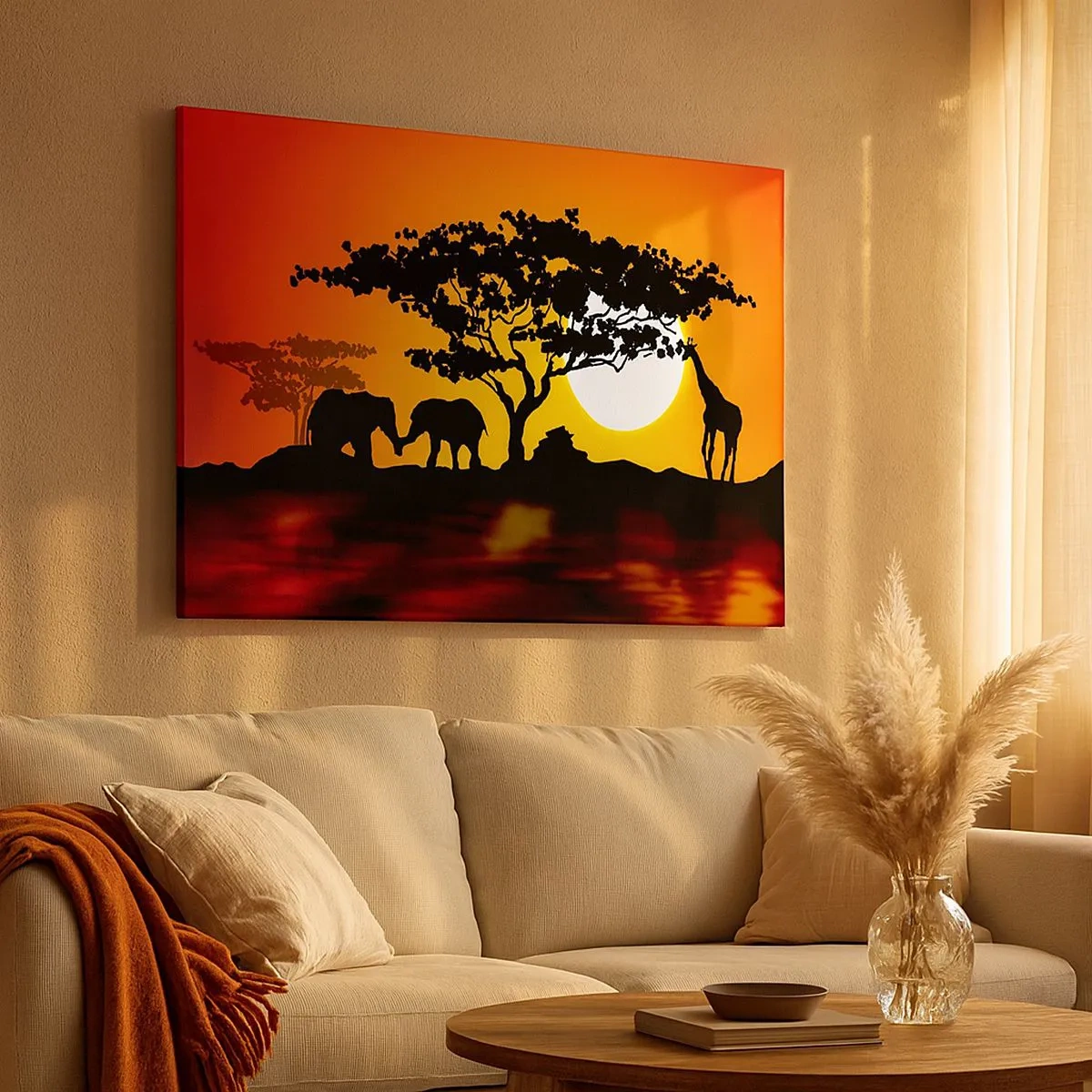 Impression sur toile - Image sur toile - Coucher de soleil africain avec des silhouettes d'éléphants et de girafes au-dessus de l'eau - 70x50cm - Rencontre dans la savane - Décoration murale moderne pour le salon et la chambre ARTTOR