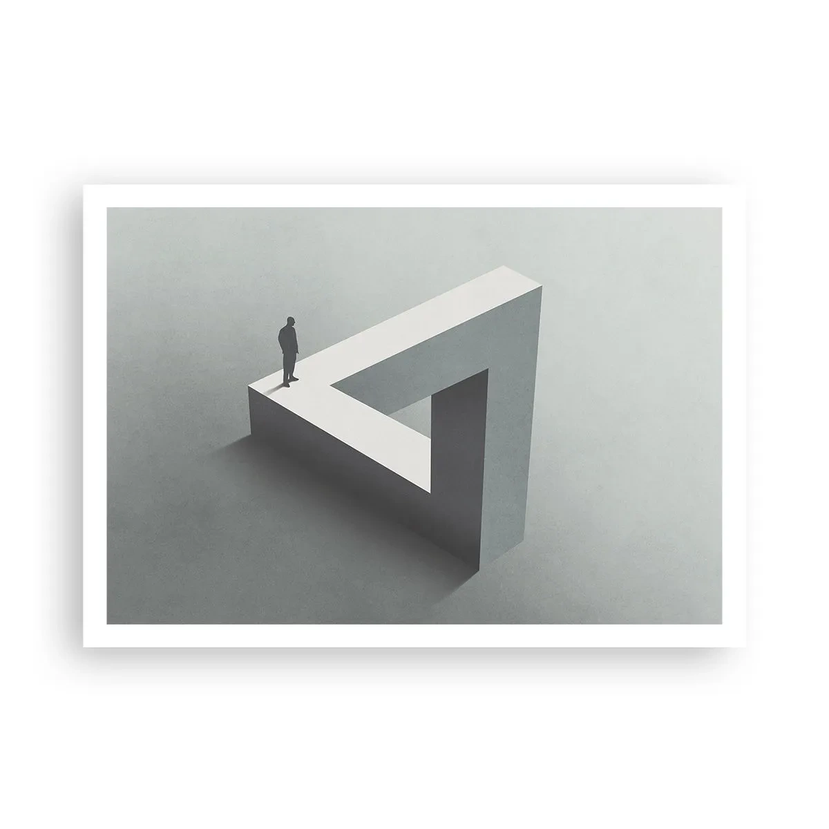 Affiche - Poster - Une figure debout sur un triangle de Penrose dans des tons de gris. - 100x70cm - Mais c'est possible - Décoration murale moderne pour le salon et la chambre ARTTOR