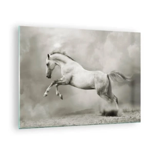 Impression sur verre - Image sur verre - Un cheval blanc sautant contre les nuages - 70x50cm - Entre le réveil et le sommeil - Décoration murale moderne pour le salon et la chambre ARTTOR