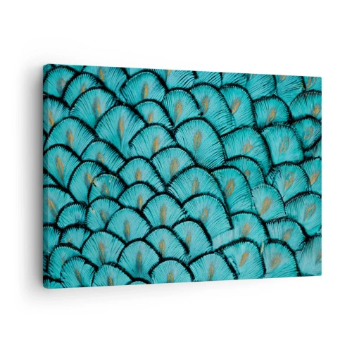 Impression sur toile - Image sur toile - Un motif ressemblant à des écailles turquoise avec des accents dorés - 70x50cm - Le grand gala des plumes - Décoration murale moderne pour le salon et la chambre ARTTOR