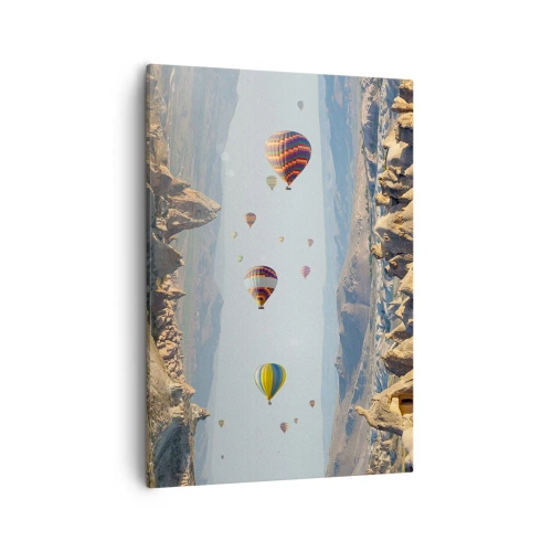 Impression sur toile - Image sur toile - Ballons colorés au-dessus d'un paysage rocheux - 50x70cm - Ici, tout est possible - Décoration murale moderne pour le salon et la chambre ARTTOR