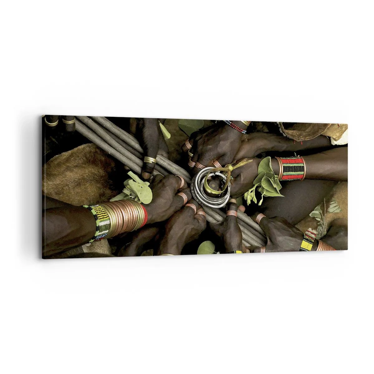 Impression sur toile - Image sur toile - Bracelets de main traditionnels dans un groupe de mains - 120x50cm - Nous sommes ensemble - Décoration murale moderne pour le salon et la chambre ARTTOR