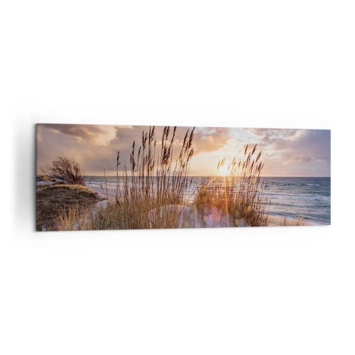 Impression sur toile - Image sur toile - Dunes avec des herbes sur fond de soleil couchant - 160x50cm - Salutations du soleil et du vent - Décoration murale moderne pour le salon et la chambre ARTTOR