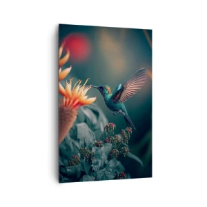 Impression sur toile - Image sur toile - Un colibri coloré parmi des fleurs sur un fond naturel - 80x120cm - une vie vraiment colorée - Décoration murale moderne pour le salon et la chambre ARTTOR