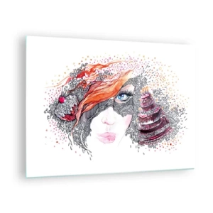 Impression sur verre - Image sur verre - Portrait d'une femme aux motifs dynamiques et aux accents rouges - 70x50cm - Avec elle, c'est tous les jours la fête - Décoration murale moderne pour le salon et la chambre ARTTOR