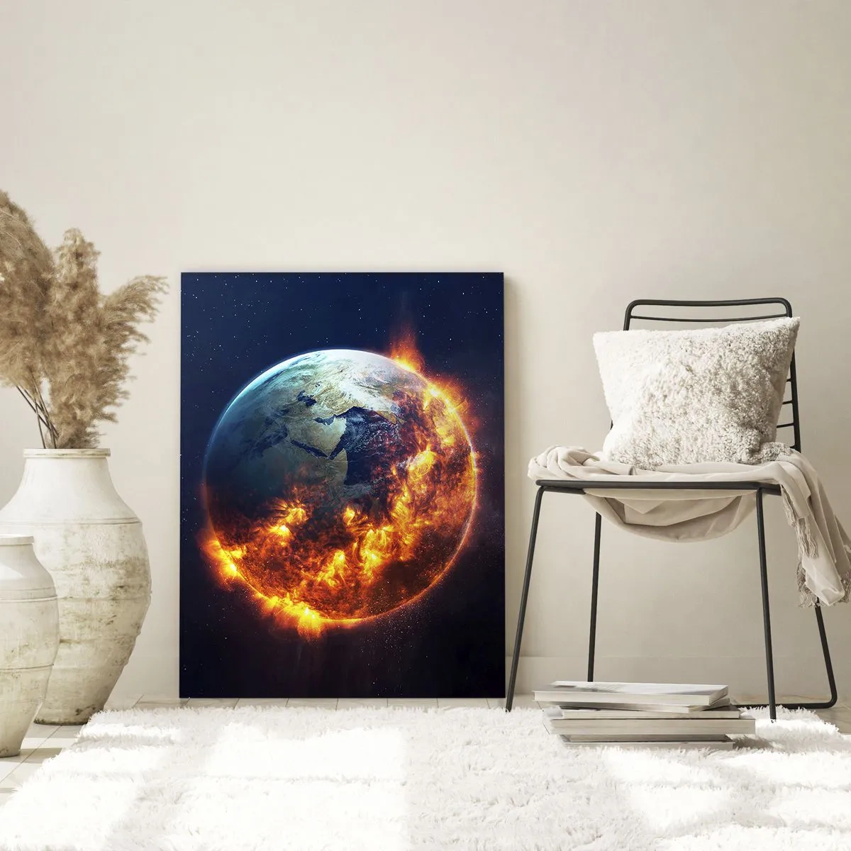 Impression sur verre - Image sur verre - La planète Terre en feu dans l'espace - 80x120cm - La flamme de l'apocalypse - Décoration murale moderne pour le salon et la chambre ARTTOR