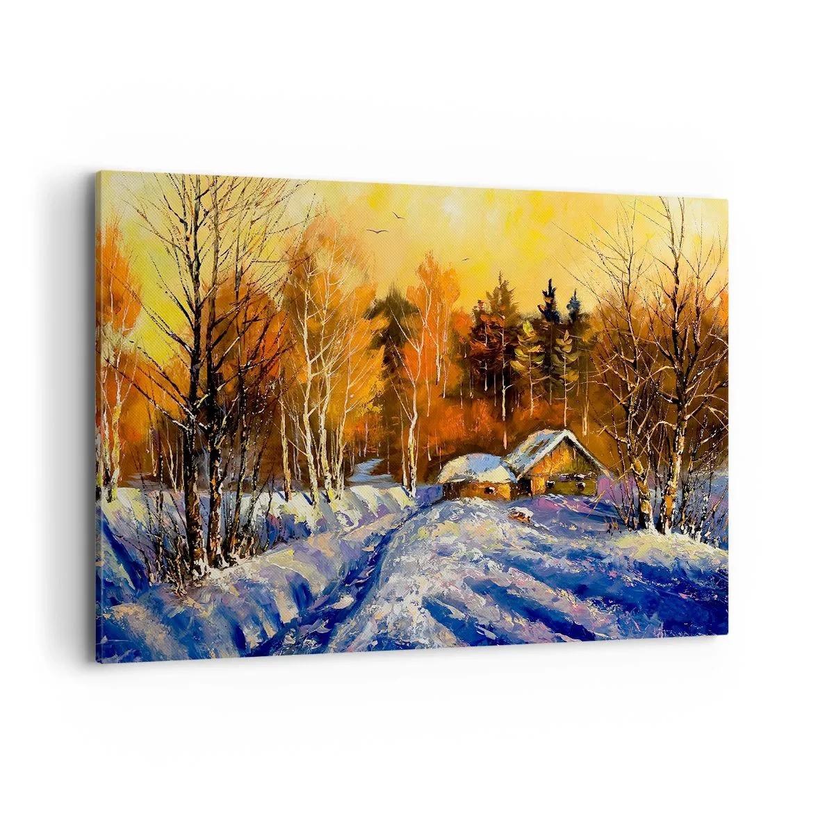 Impression sur toile - Image sur toile - Paysage d'hiver avec une maison à la lumière du soleil couchant - 120x80cm - Impression d'hiver au soleil - Décoration murale moderne pour le salon et la chambre ARTTOR