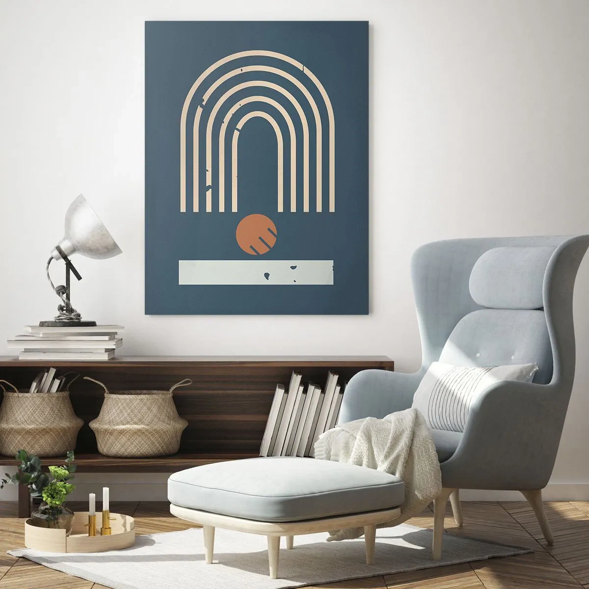 Impression sur verre - Image sur verre - Motif géométrique dans les tons bleu marine, beige et orange sur fond sombre - 80x120cm - Géométrie sur la grenade - Décoration murale moderne pour le salon et la chambre ARTTOR