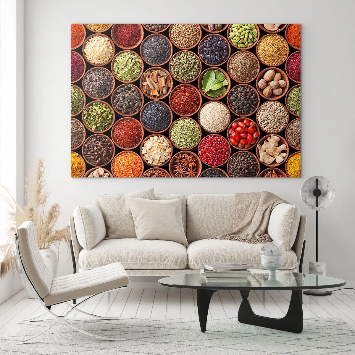 Impression sur verre - Image sur verre - Une composition de diverses épices dans des bols en bois - 120x80cm - Toutes les saveurs du monde - Décoration murale moderne pour le salon et la chambre ARTTOR