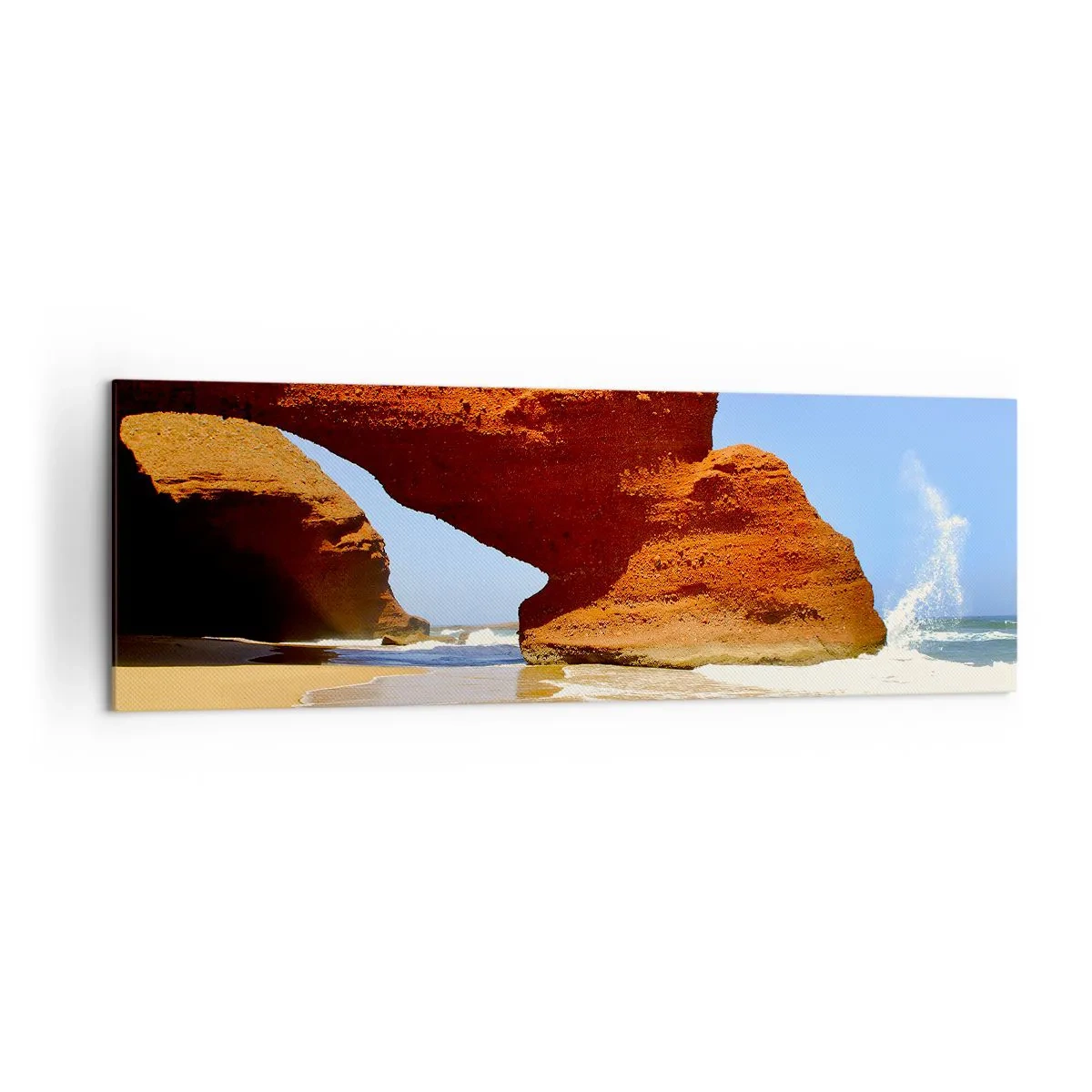 Impression sur toile - Image sur toile - Une arche rocheuse naturelle sur une plage avec un ciel bleu et des vagues - 160x50cm - L'eau et le vent depuis des milliers d'années - Décoration murale moderne pour le salon et la chambre ARTTOR