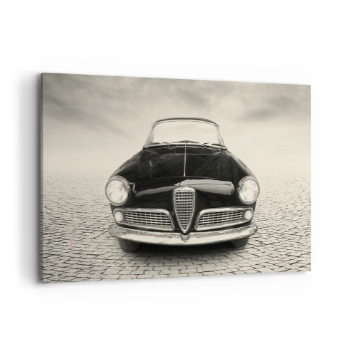 Impression sur toile - Image sur toile - Une voiture classique sur une place pavée dans un style monochrome - 120x80cm - Et alors! Tu ne m'aime pas? - Décoration murale moderne pour le salon et la chambre ARTTOR