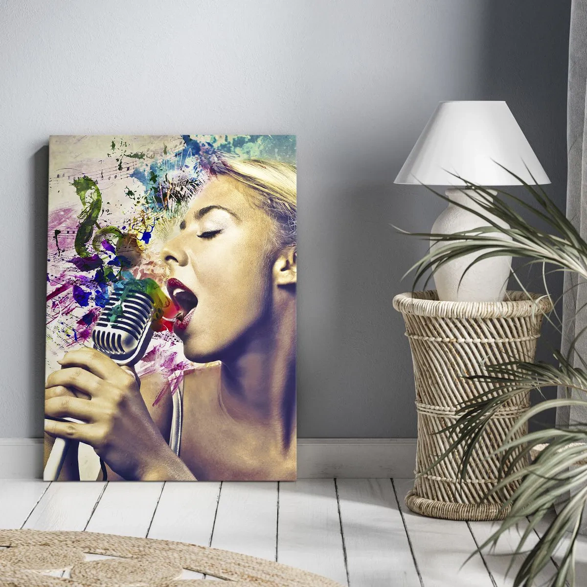 Impression sur toile - Image sur toile - Portrait artistique d'une femme chantant avec des effets colorés - 70x100cm - Peindre le monde avec sa voix - Décoration murale moderne pour le salon et la chambre ARTTOR
