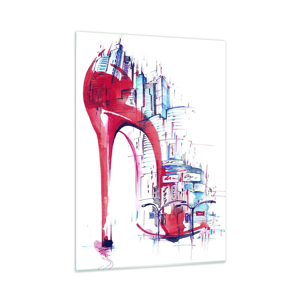 Impression sur verre - Image sur verre - Stiletto rouge avec un motif d'architecture urbaine - 50x70cm - L'élégance des grandes villes - Décoration murale moderne pour le salon et la chambre ARTTOR