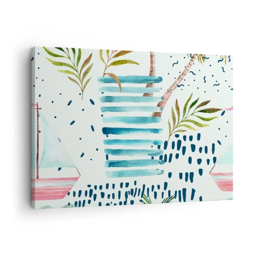 Impression sur toile - Image sur toile - Motif abstrait avec des palmiers et des accents nautiques - 70x50cm - Des vacances sous les palmiers - Décoration murale moderne pour le salon et la chambre ARTTOR