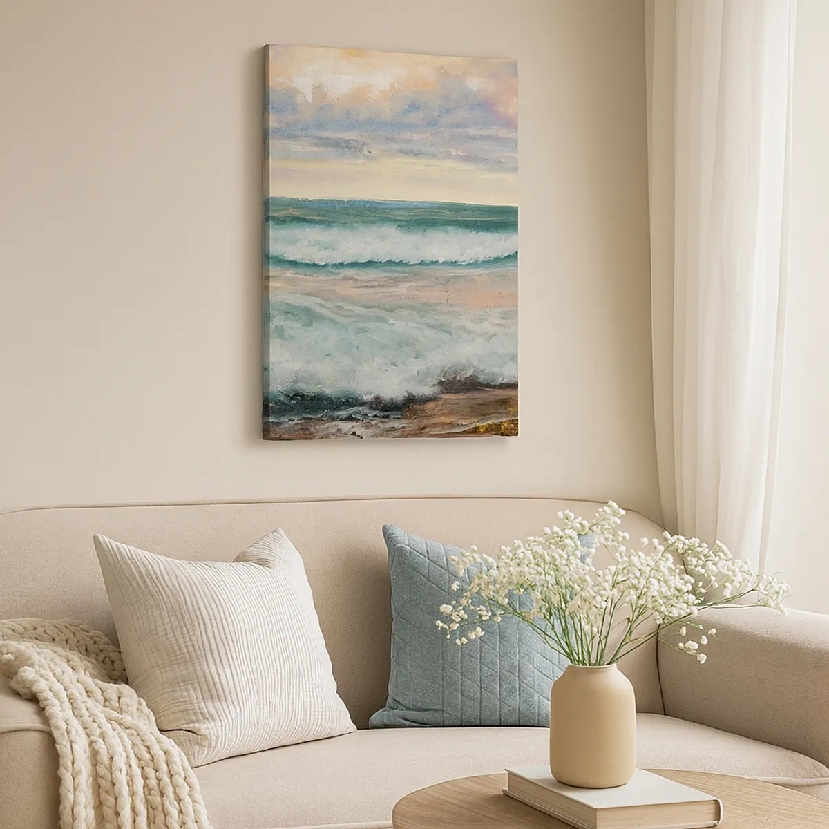 Impression sur toile - Image sur toile - Vagues de la mer contre un ciel nuageux au coucher du soleil - 50x70cm - Ici tu adouciras ton âme - Décoration murale moderne pour le salon et la chambre ARTTOR