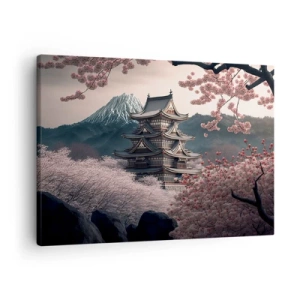 Impression sur toile - Image sur toile - Un temple japonais entouré de cerisiers en fleurs et de montagnes - 70x50cm - Le pays des cerisiers en fleurs - Décoration murale moderne pour le salon et la chambre ARTTOR