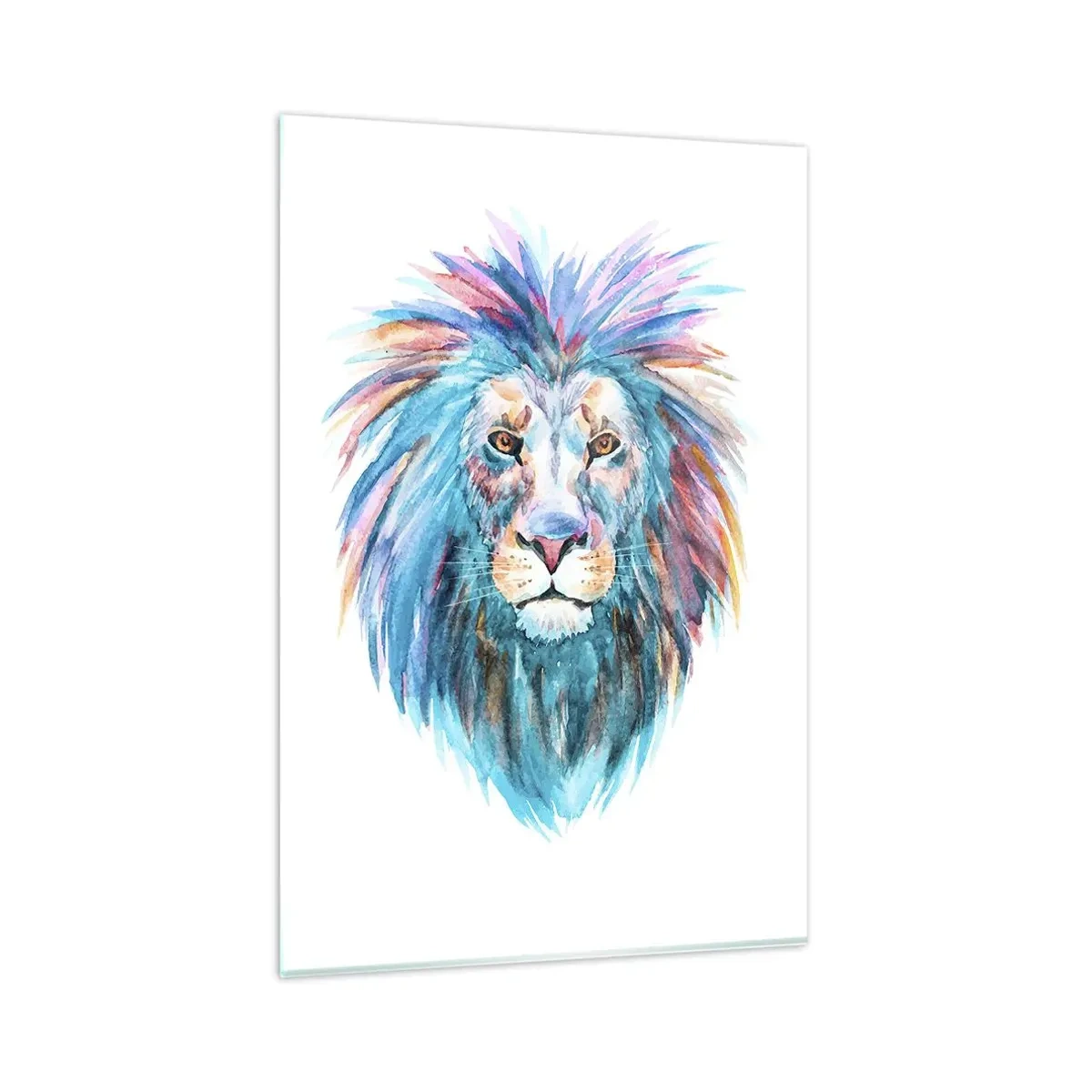 Impression sur verre - Image sur verre - Portrait à l'aquarelle d'un lion aux couleurs vives - 80x120cm - Aura électrique - Décoration murale moderne pour le salon et la chambre ARTTOR