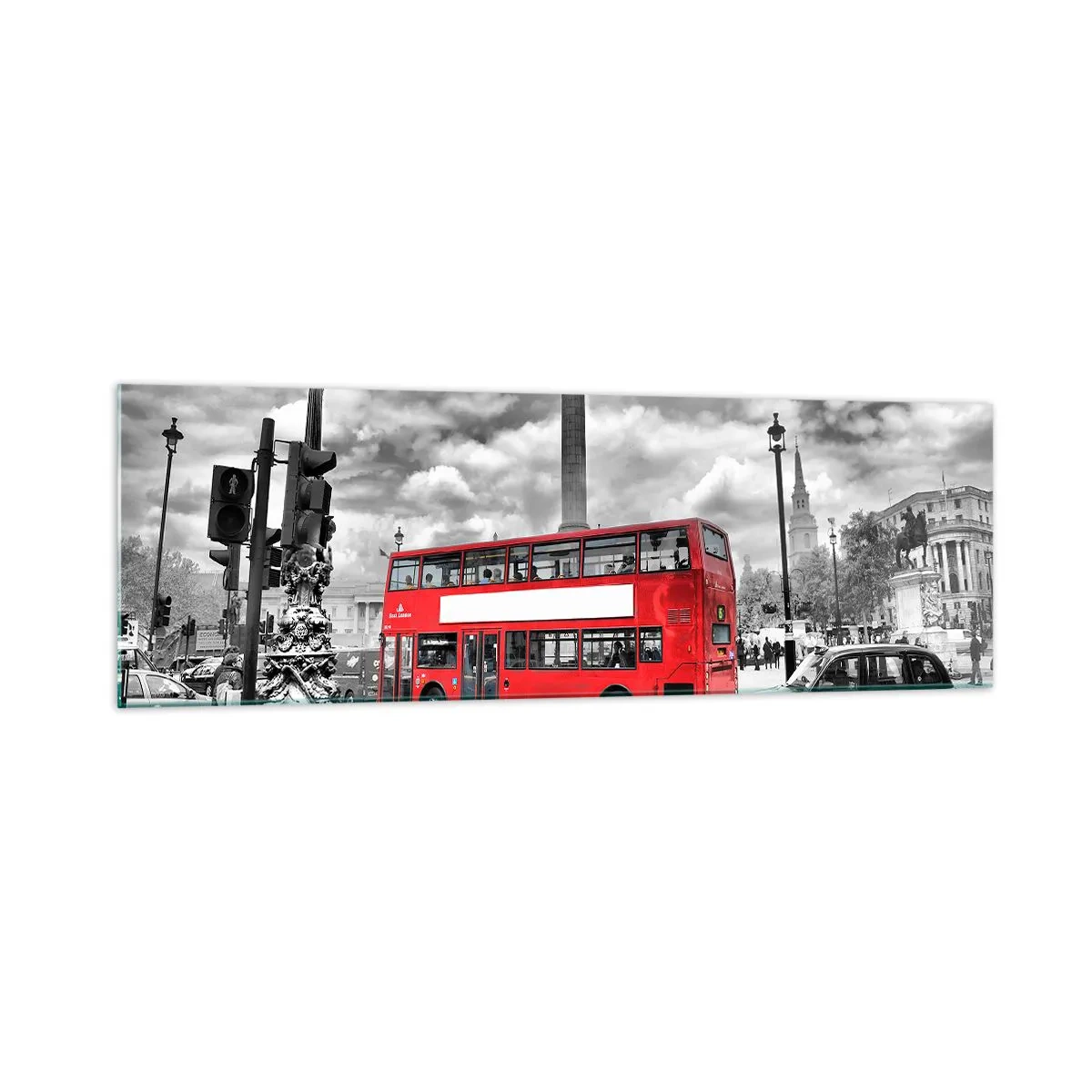 Impression sur verre - Image sur verre - Un bus rouge à impériale sur fond de ville en noir et blanc - 160x50cm - La vraie circulation sanguine de la ville - Décoration murale moderne pour le salon et la chambre ARTTOR