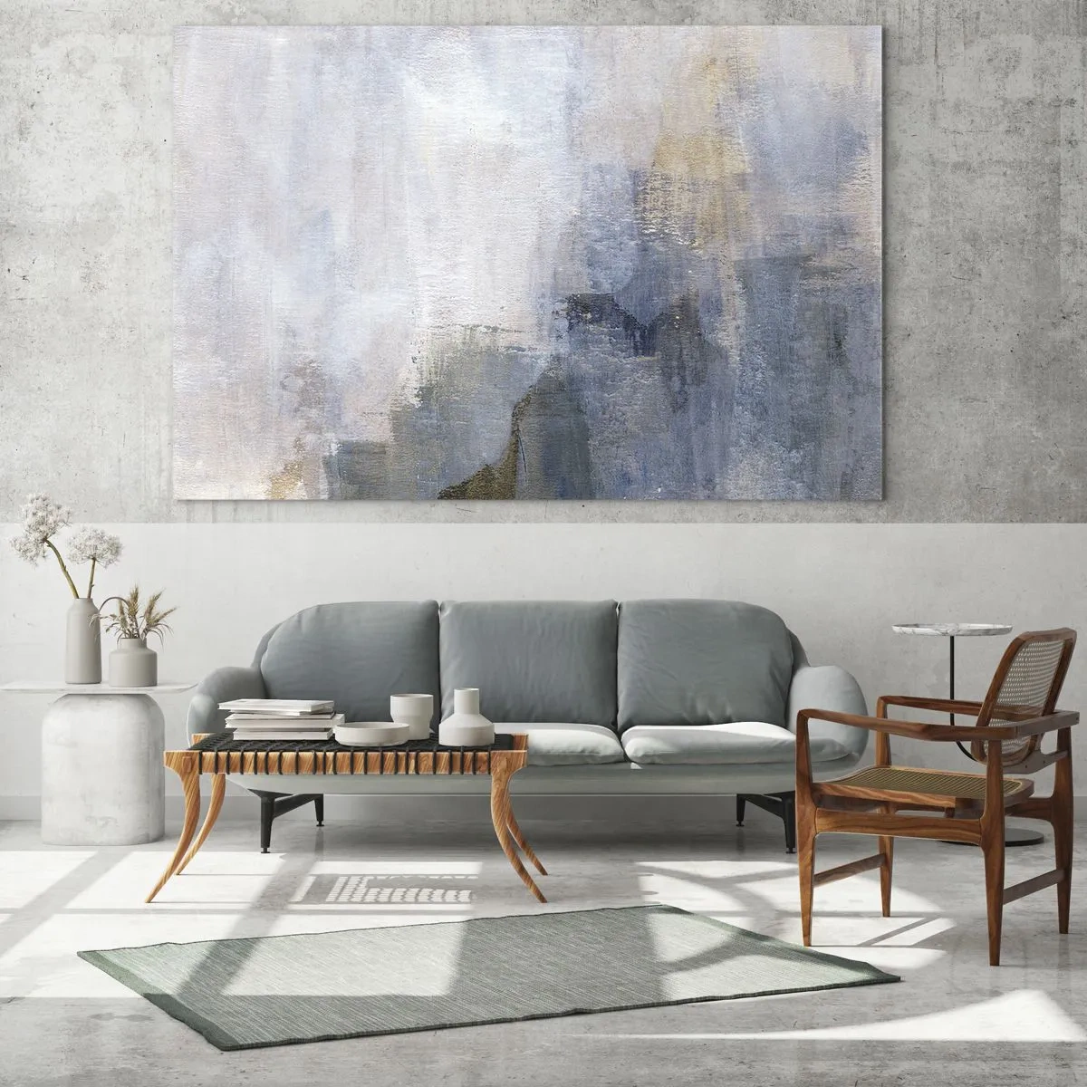 Impression sur verre - Image sur verre - Taches abstraites subtiles dans des tons de bleu et de beige - 140x50cm - Tonalités et accords de couleur - Décoration murale moderne pour le salon et la chambre ARTTOR