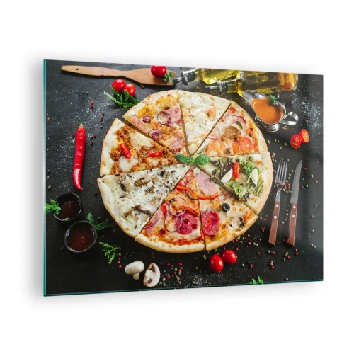 Impression sur verre - Image sur verre - Pizza aux saveurs variées avec garnitures sur fond sombre - 70x50cm - Une gamme de saveurs - Décoration murale moderne pour le salon et la chambre ARTTOR