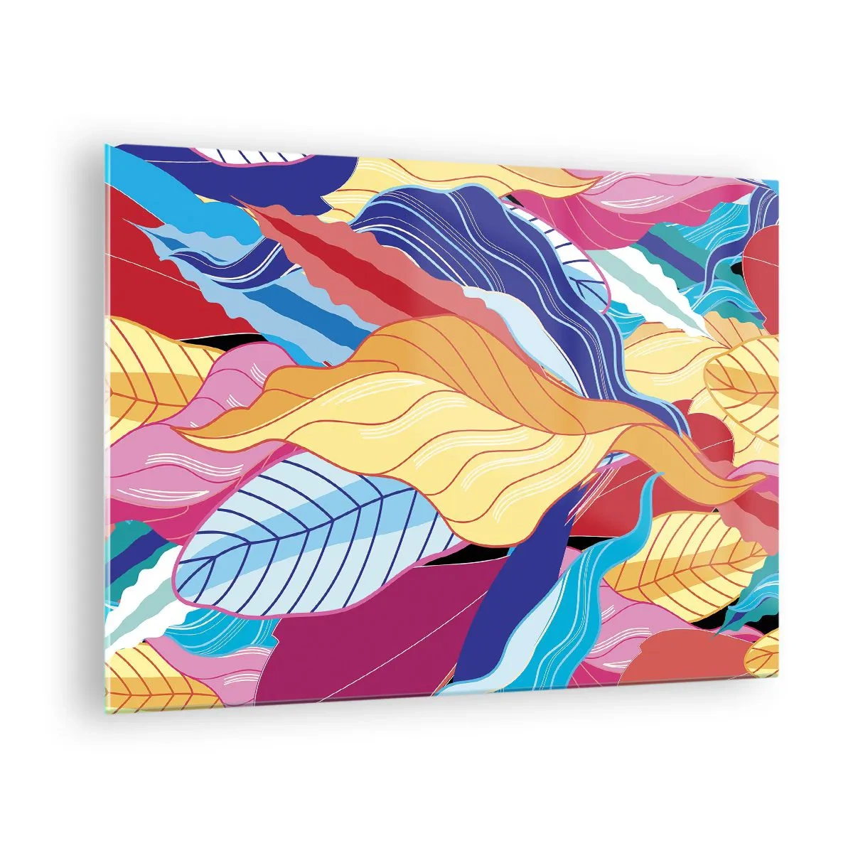 Impression sur verre - Image sur verre - Feuilles abstraites colorées sur un fond de verre - 70x50cm - Un désordre coloré - Décoration murale moderne pour le salon et la chambre ARTTOR
