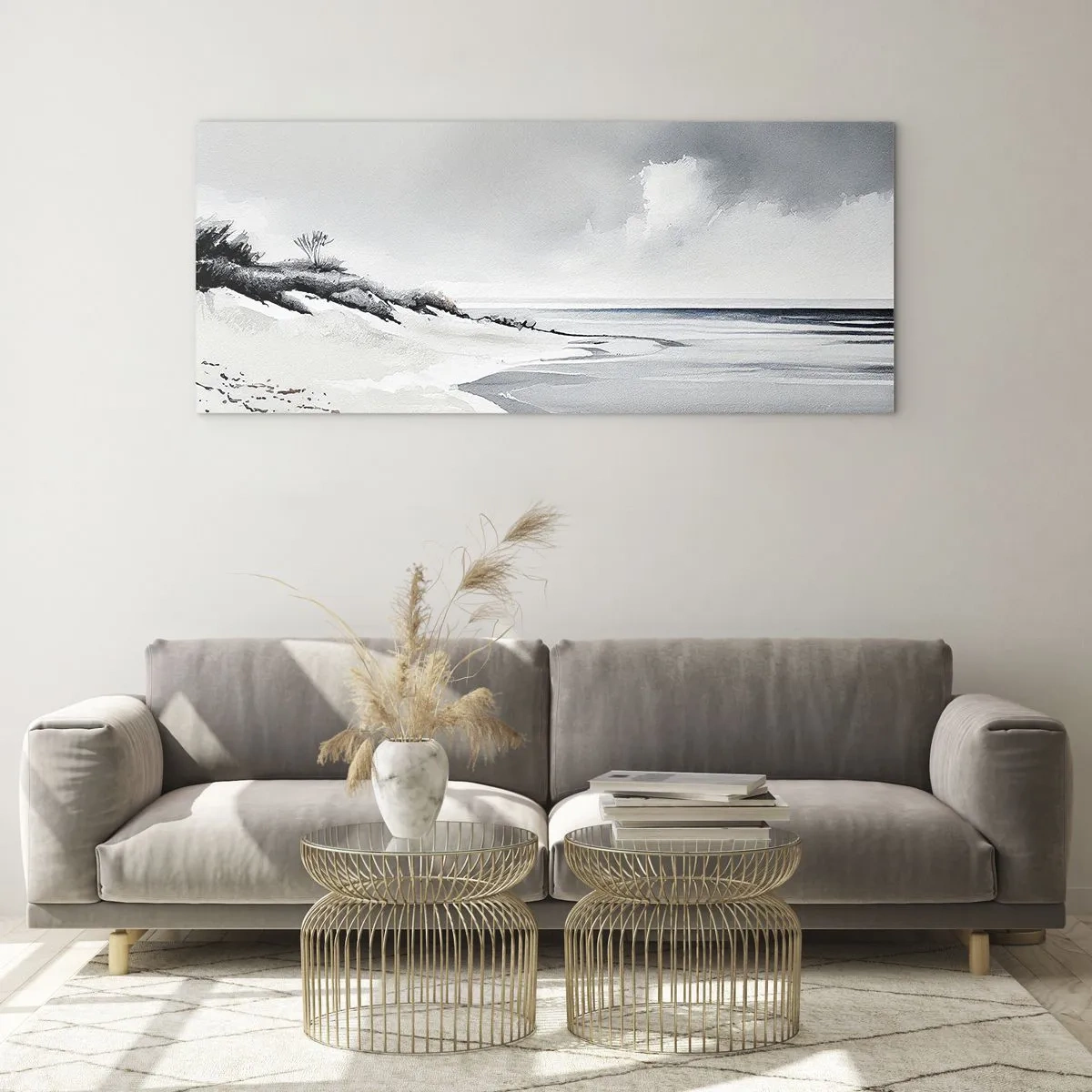 Impression sur verre - Image sur verre - Une plage aux tons sobres de gris et de bleu - 160x50cm - Ensemble depuis toujours - Décoration murale moderne pour le salon et la chambre ARTTOR