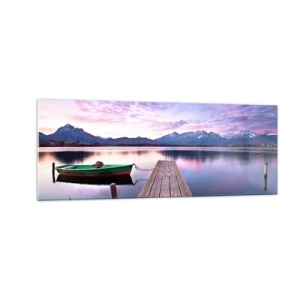 Impression sur verre - Image sur verre - Une jetée en bois avec un bateau sur un lac entouré de montagnes au coucher du soleil - 140x50cm - Silence amical - Décoration murale moderne pour le salon et la chambre ARTTOR