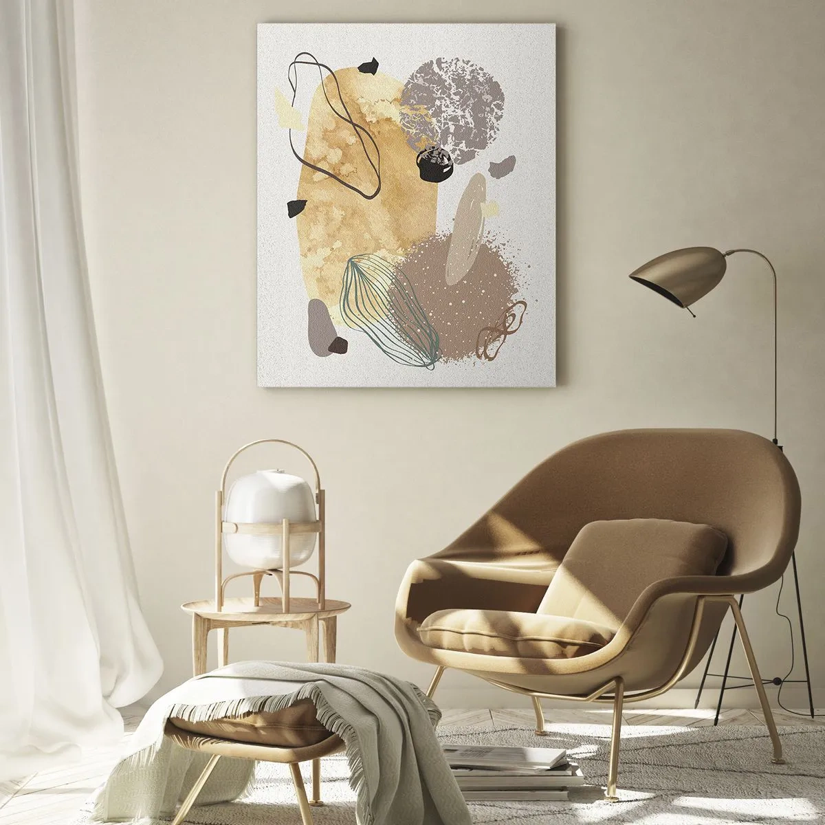 Impression sur verre - Image sur verre - Une composition de formes abstraites en beige et jaune. - 80x120cm - Plumcologie appliquée - Décoration murale moderne pour le salon et la chambre ARTTOR