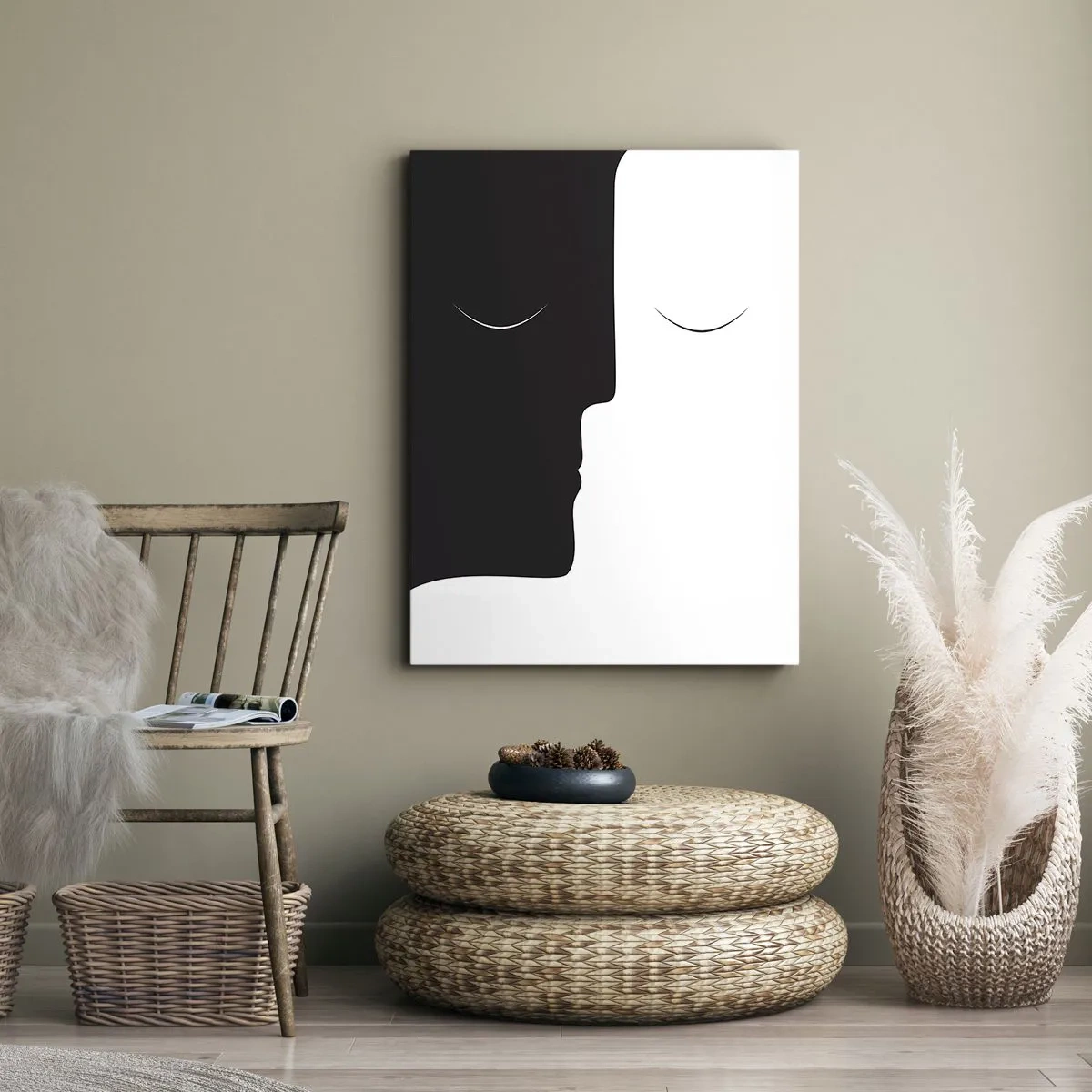 Impression sur toile - Image sur toile - Une silhouette minimaliste de deux visages aux couleurs contrastées. - 70x100cm - Unité des contraires - Décoration murale moderne pour le salon et la chambre ARTTOR