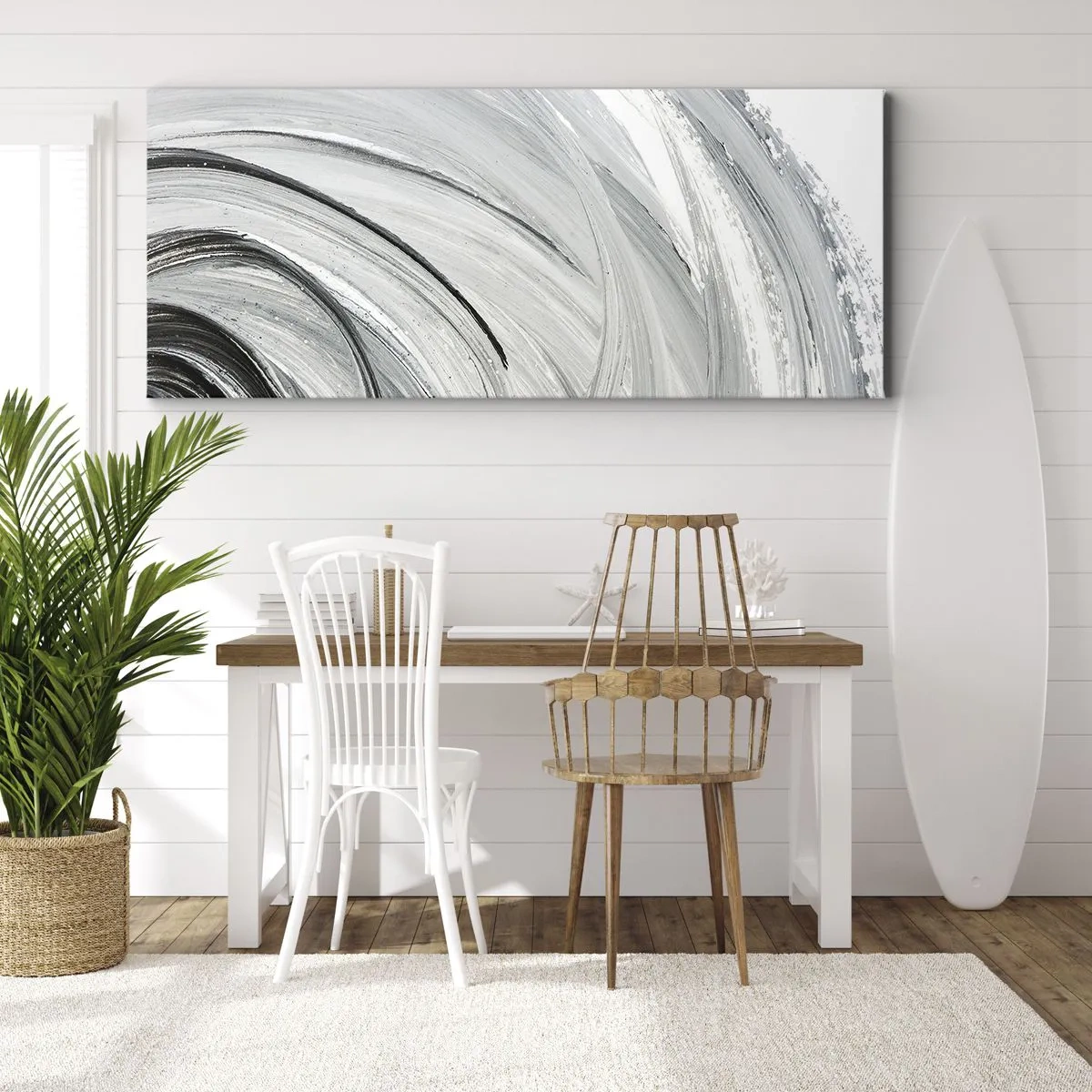 Impression sur toile - Image sur toile - Un tourbillon monochrome dans des tons de gris et de noir - 120x50cm - Composition orbitale - Décoration murale moderne pour le salon et la chambre ARTTOR