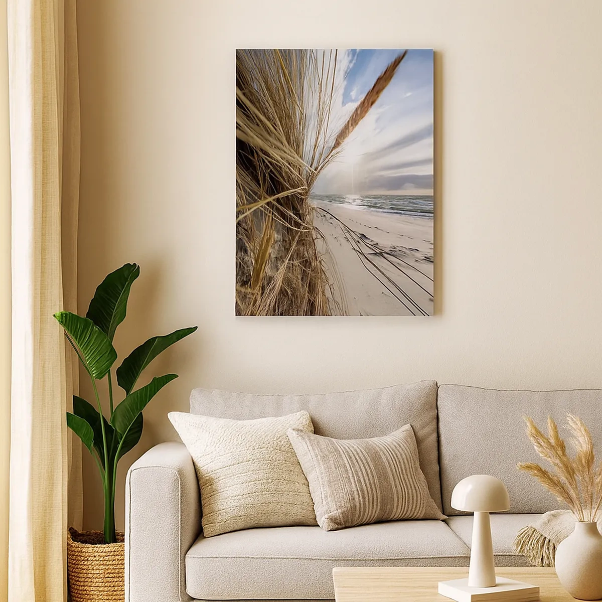 Impression sur toile - Image sur toile - Une plage avec de l'herbe sèche sur les dunes et une vue sur la mer - 50x70cm - Rencontre des éléments - Décoration murale moderne pour le salon et la chambre ARTTOR