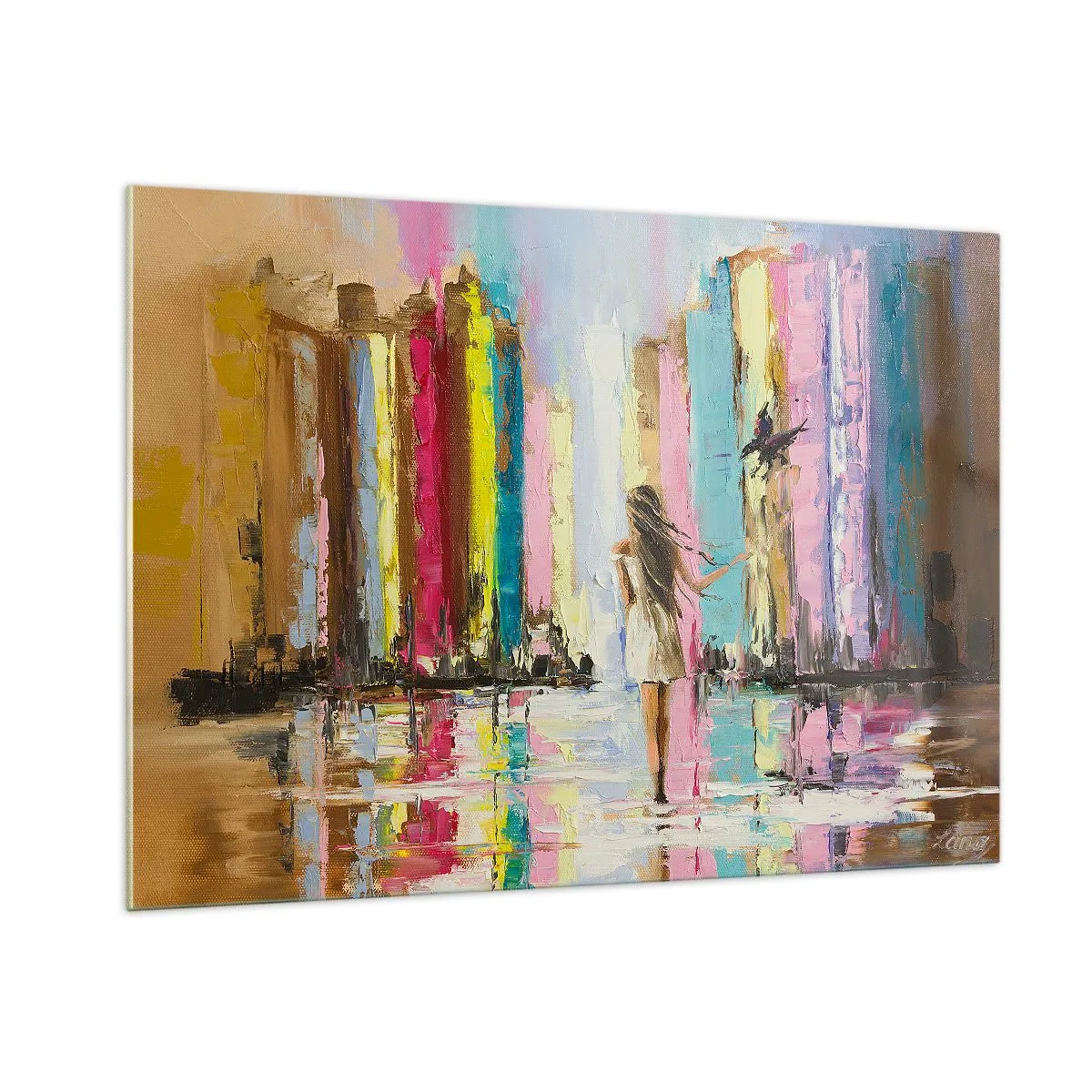 Impression sur verre - Image sur verre - Une femme avec un oiseau en arrière-plan de bâtiments colorés - 100x70cm - Viens avec moi - Décoration murale moderne pour le salon et la chambre ARTTOR