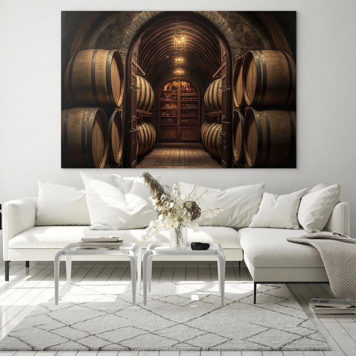 Impression sur verre - Image sur verre - Un vignoble avec des barriques et une cave éclairée pleine de bouteilles - 120x80cm - Cave climatisée - Décoration murale moderne pour le salon et la chambre ARTTOR