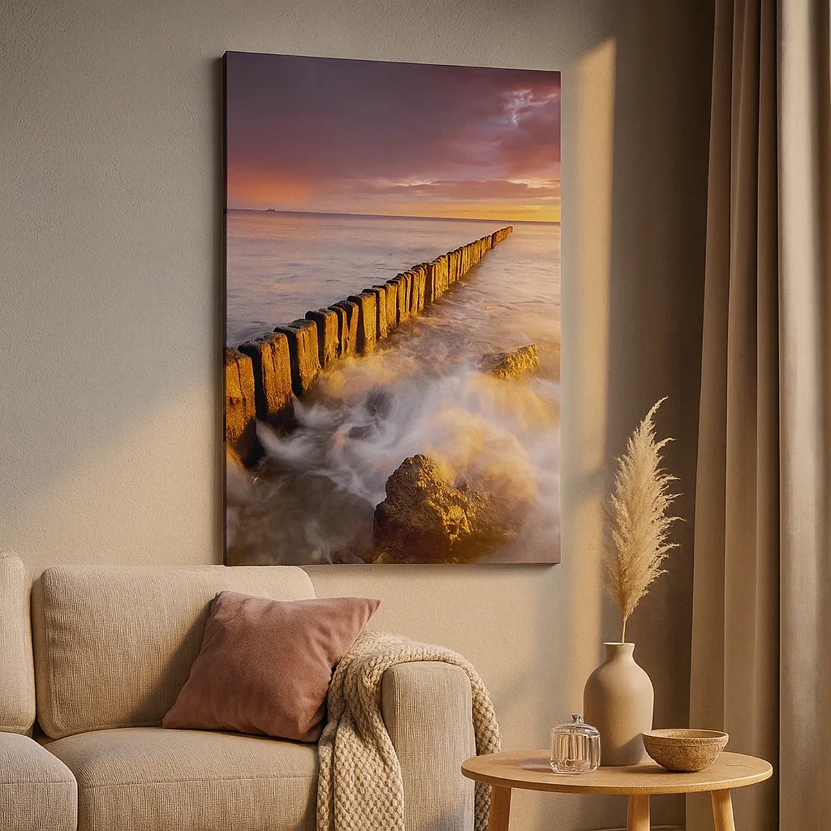Impression sur toile - Image sur toile - Un paysage pittoresque au bord de la mer au coucher du soleil - 50x70cm - La douceur des vagues - Décoration murale moderne pour le salon et la chambre ARTTOR