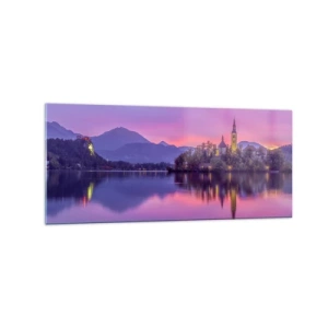 Impression sur verre - Image sur verre - Lac avec une île et une église au coucher du soleil - 120x50cm - Une île de conte de fées au crépuscule - Décoration murale moderne pour le salon et la chambre ARTTOR