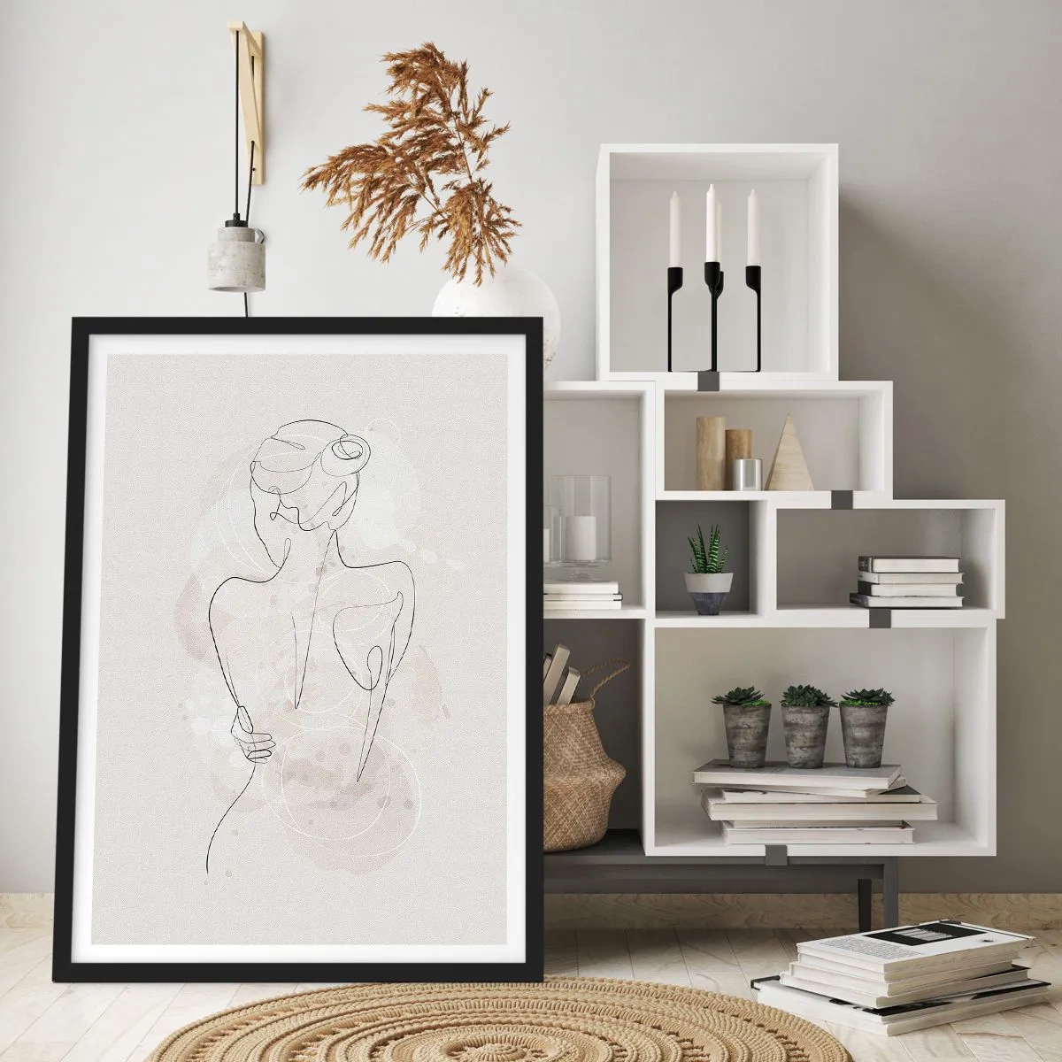 Affiche dans un cadre noir - Poster - Une silhouette féminine délicate dans une ligne continue - 50x70cm - Comme un instrument sensible - Décoration murale moderne pour le salon et la chambre ARTTOR