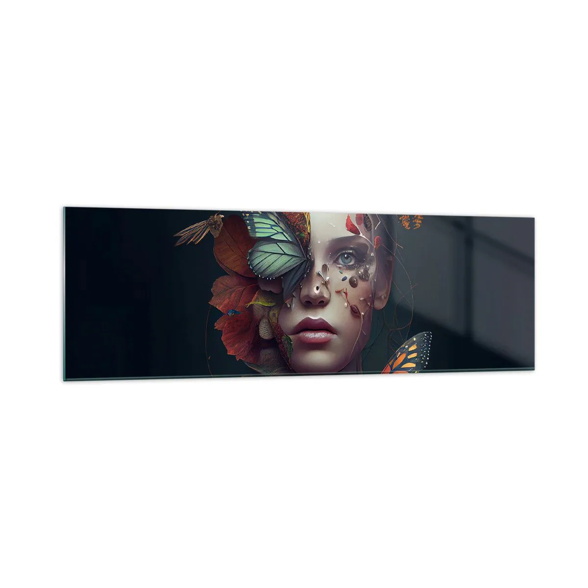 Impression sur verre - Image sur verre - Portrait d'une femme avec des papillons et des éléments végétaux - 160x50cm - Une merveilleuse métamorphose - Décoration murale moderne pour le salon et la chambre ARTTOR