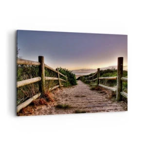 Impression sur toile - Image sur toile - Chemin en bois dans les dunes menant à la plage au coucher du soleil - 100x70cm - On voit déjà le but - Décoration murale moderne pour le salon et la chambre ARTTOR