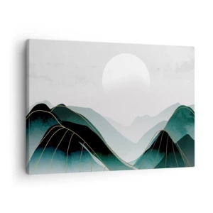 Impression sur toile - Image sur toile - Paysage de montagne abstrait avec la lune et des lignes dorées - 70x50cm - En pleine majesté - Décoration murale moderne pour le salon et la chambre ARTTOR