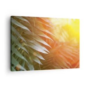 Impression sur toile - Image sur toile - Feuilles de palmier dans les rayons du soleil couchant - 70x50cm - Matinée dans la jungle - Décoration murale moderne pour le salon et la chambre ARTTOR