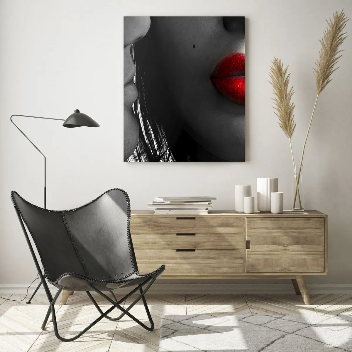 Impression sur verre - Image sur verre - Gros plan des visages d'une femme et d'un homme aux lèvres rouges. - 80x120cm - Face à face - Décoration murale moderne pour le salon et la chambre ARTTOR