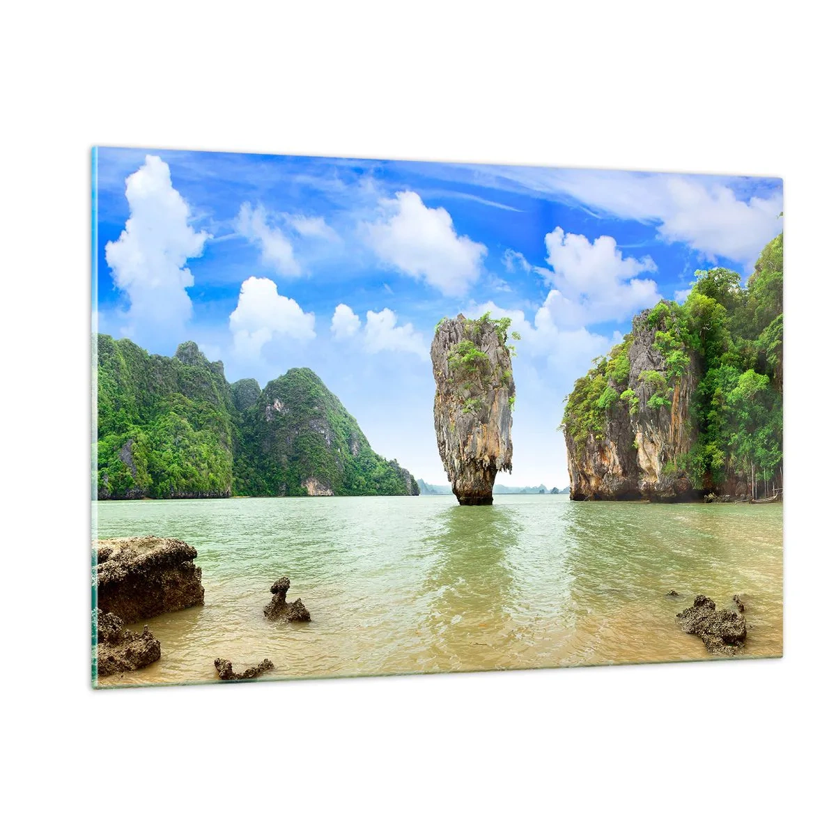 Impression sur verre - Image sur verre - Un rocher dans l'eau entouré d'îles tropicales - 120x80cm - Merveilles rocheuses de la nature - Décoration murale moderne pour le salon et la chambre ARTTOR