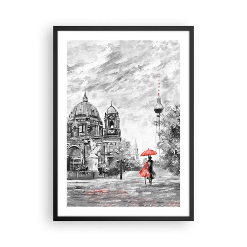 Affiche dans un cadre noir - Poster - Une silhouette avec un parapluie rouge sur fond d'architecture berlinoise - 50x70cm - Rencontre berlinoise - Décoration murale moderne pour le salon et la chambre ARTTOR