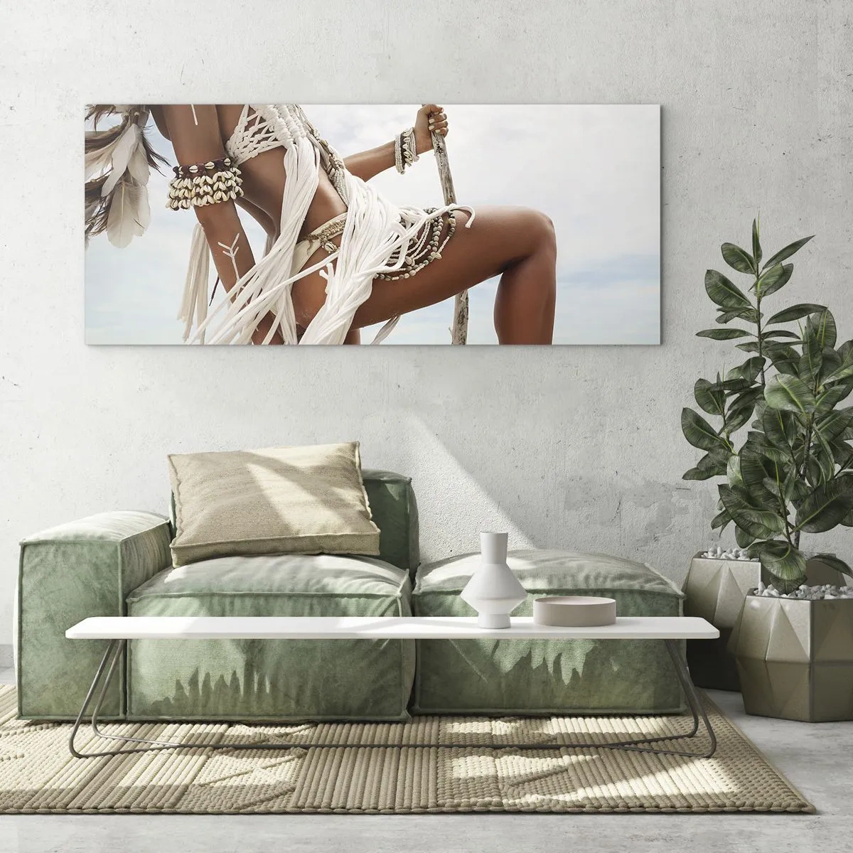 Impression sur verre - Image sur verre - Figure d'une femme portant des ornements et des vêtements ethniques sur fond de paysage tropical. - 140x50cm - Prêtresse du soleil - Décoration murale moderne pour le salon et la chambre ARTTOR