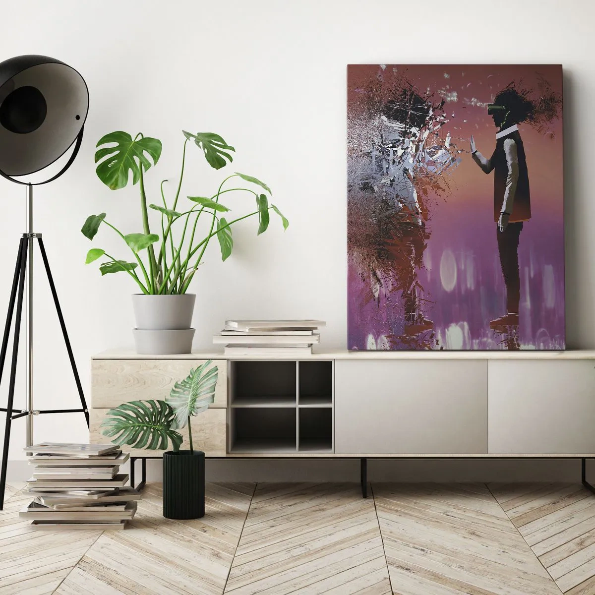 Impression sur toile - Image sur toile - Une scène abstraite avec une figure futuriste et des éléments dispersés. - 50x70cm - Pouvez-vous regarder à l'intérieur de vous-même ? - Décoration murale moderne pour le salon et la chambre ARTTOR