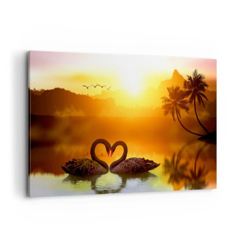 Impression sur toile - Image sur toile - Deux cygnes noirs formant un cœur sur fond de coucher de soleil sur un lac - 120x80cm - Tout va ensemble - Décoration murale moderne pour le salon et la chambre ARTTOR